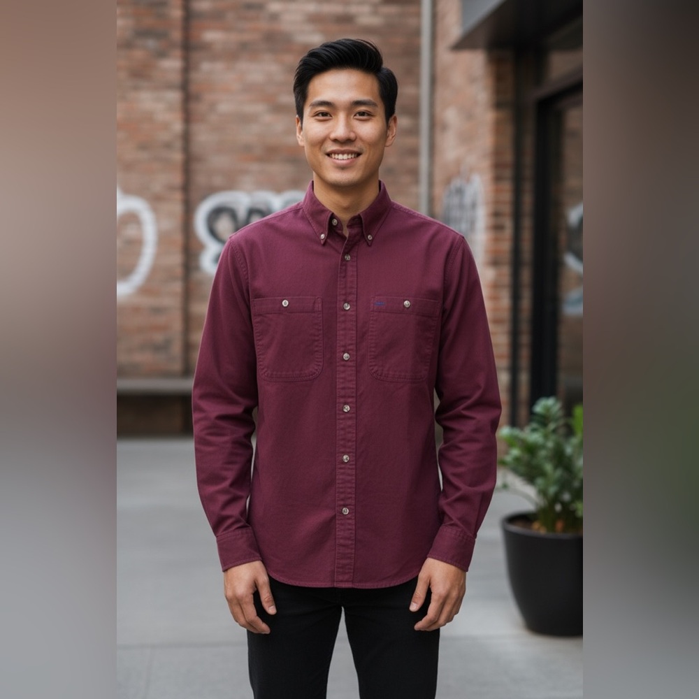 Sears Mens Maroon  Button-Up Shirt size Large all cotton